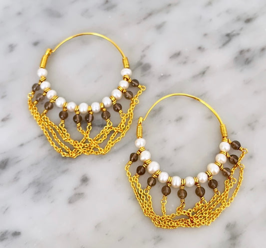 "Swing" Pearls & Smoky Quartz Hoop Earrings