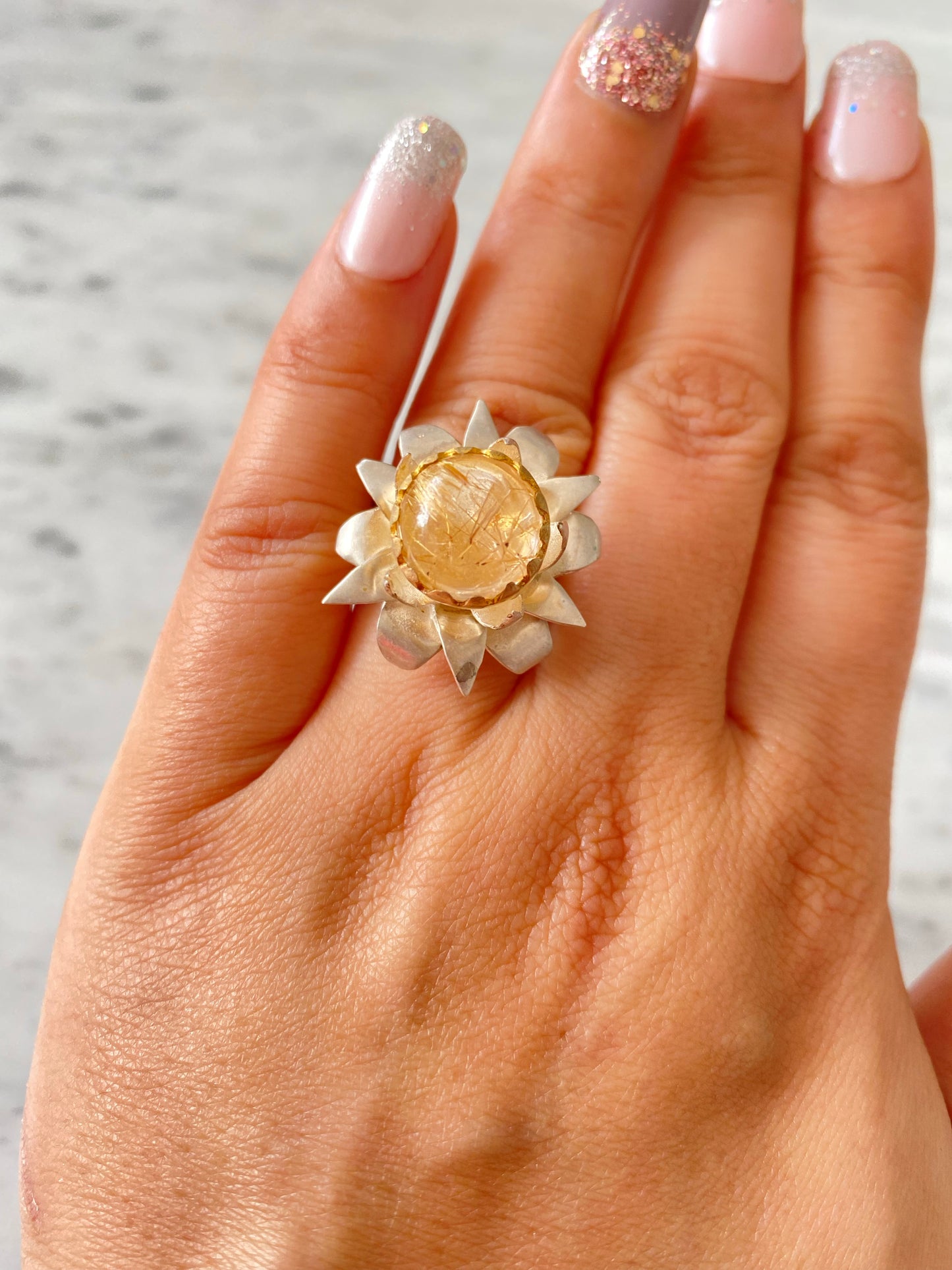 "Lotus" Cocktail Ring - Rutilated Quartz