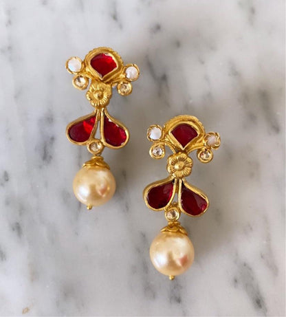 "Diana" Red & Gold Pearl Earrings